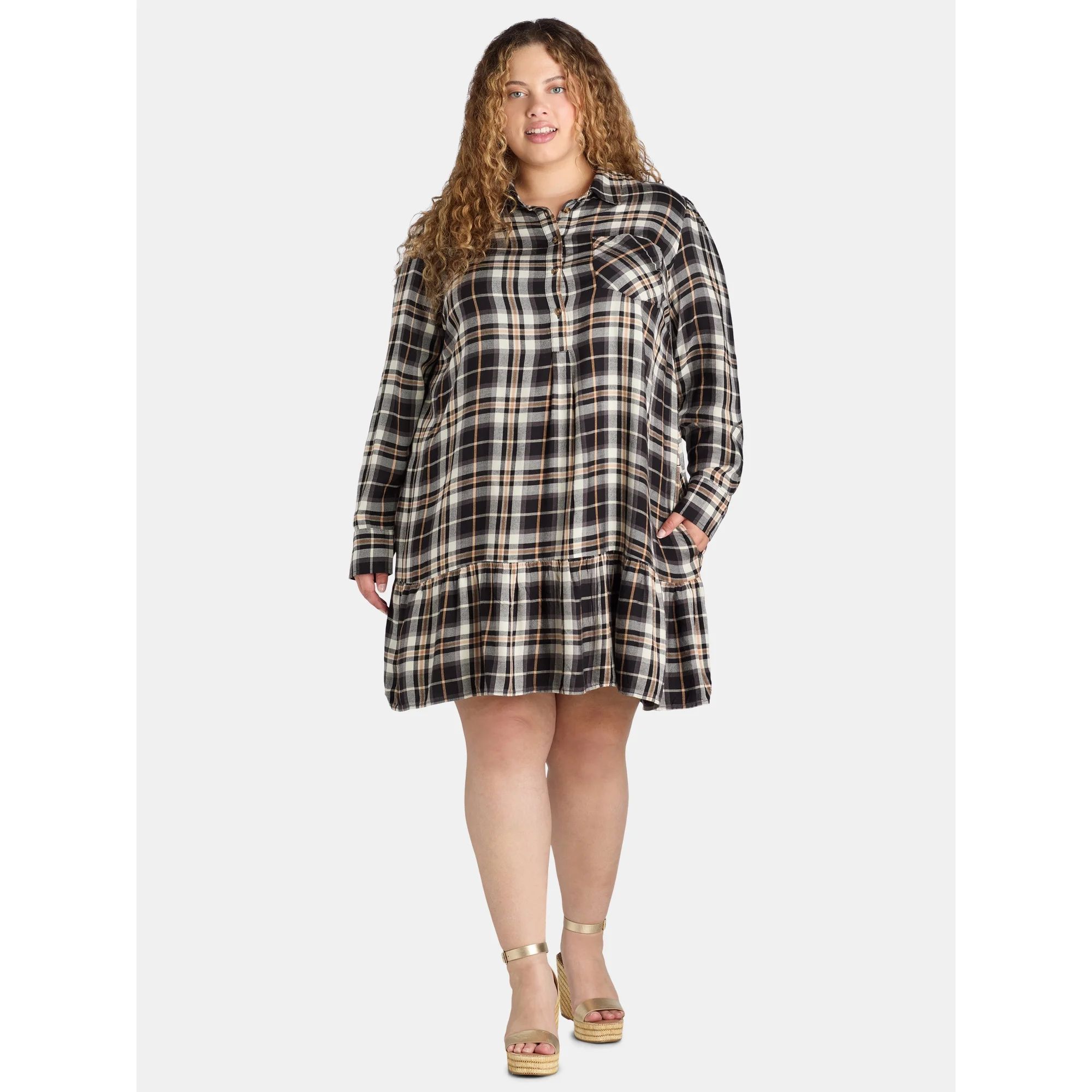 Time and Tru Women's and Women's Plus Ruffle Hem Mini Shirt Dress with Long Sleeves, Sizes XS-4X | Walmart (US)