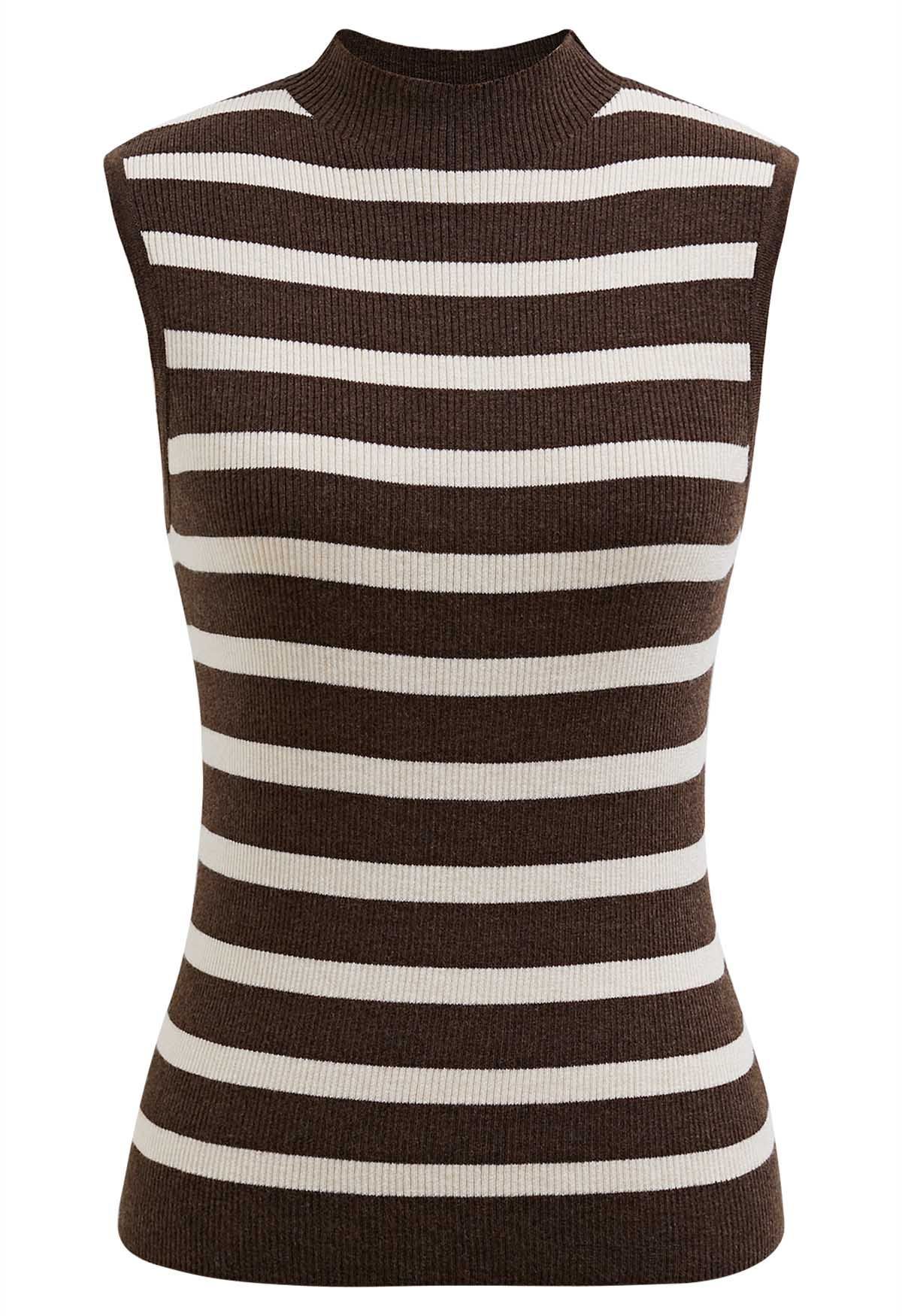 Contrast Stripe Sleeveless Knit Top in Brown | Chicwish