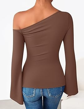 ZESICA Women's Off Shoulder Tops Bell Long Sleeve Shirts 2026 Spring Trendy Going Out Ruched Tigh... | Amazon (US)