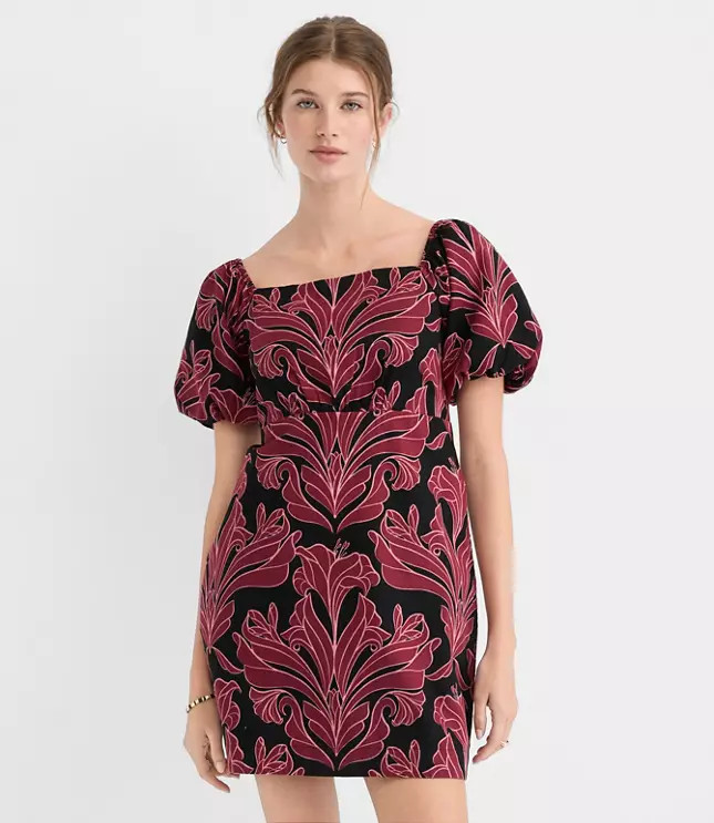 Floral Linen Cotton Puff Sleeve Mini Pocket Dress | LOFT