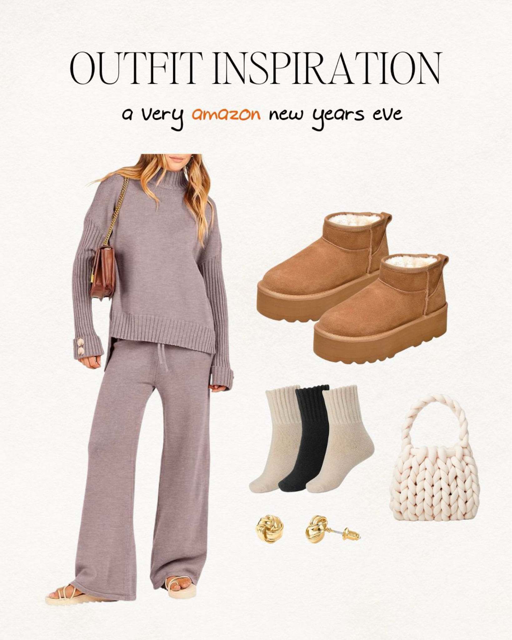 cozy outfit, matching set, loungewear, lounge pants, lounge top, lounge sweater, matching sweater, New Year's Eve, New Year's Eve outfit, cozy clothes, ugg dupe, uggs, white purse, gold earrings, boot socks, cozy socks, Amazon finds, Amazon outfit, amazon earrings, amazon purse 

#LTKfindsunder50 #LTKmidsize #LTKparties