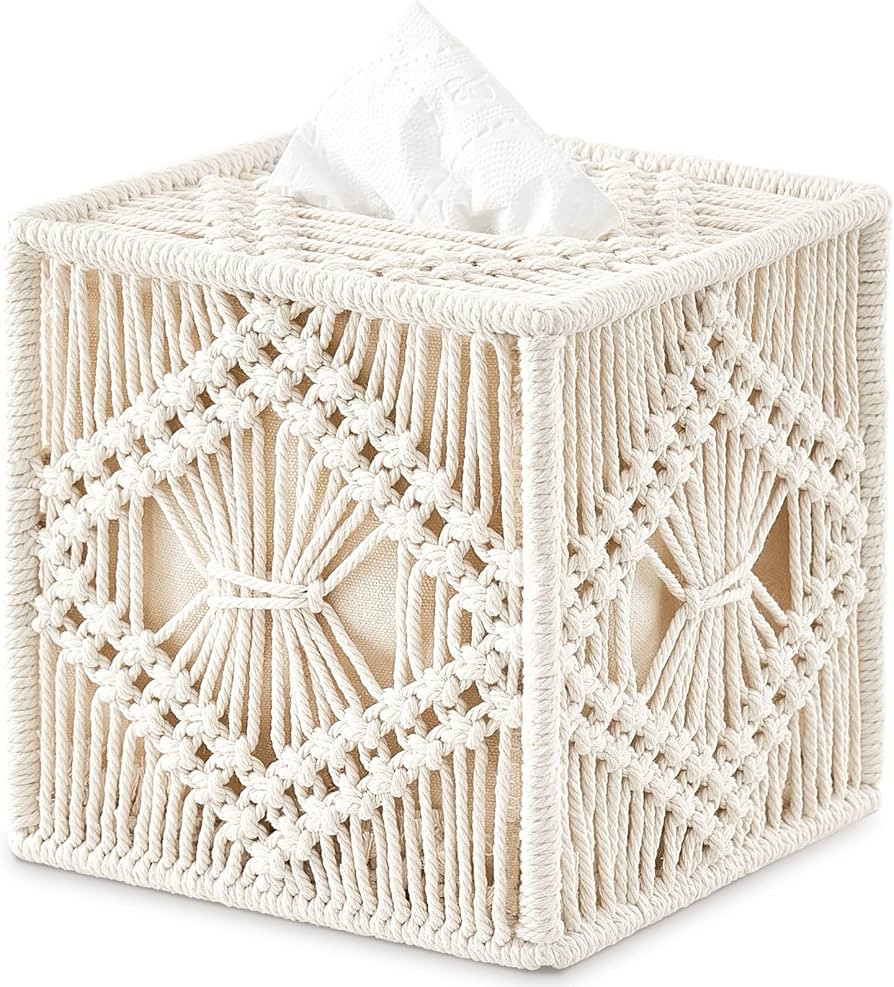 Mkono Tissue Box Cover Macrame Square Open-Bottom Tissue Box Holder Boho Decor Tissue Organizer B... | Amazon (US)