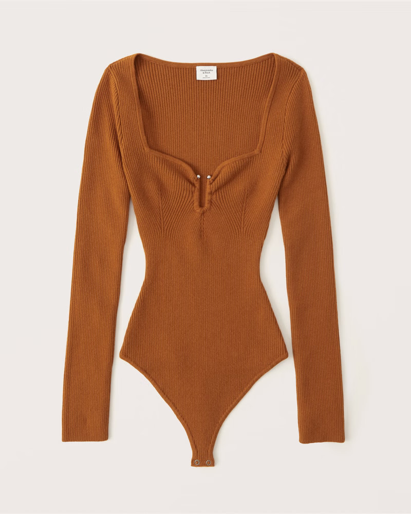 Long-Sleeve Sweetheart Hardware Bodysuit Brown Bodysuit Orange Spice Top Spring Outfits  | Abercrombie & Fitch (US)