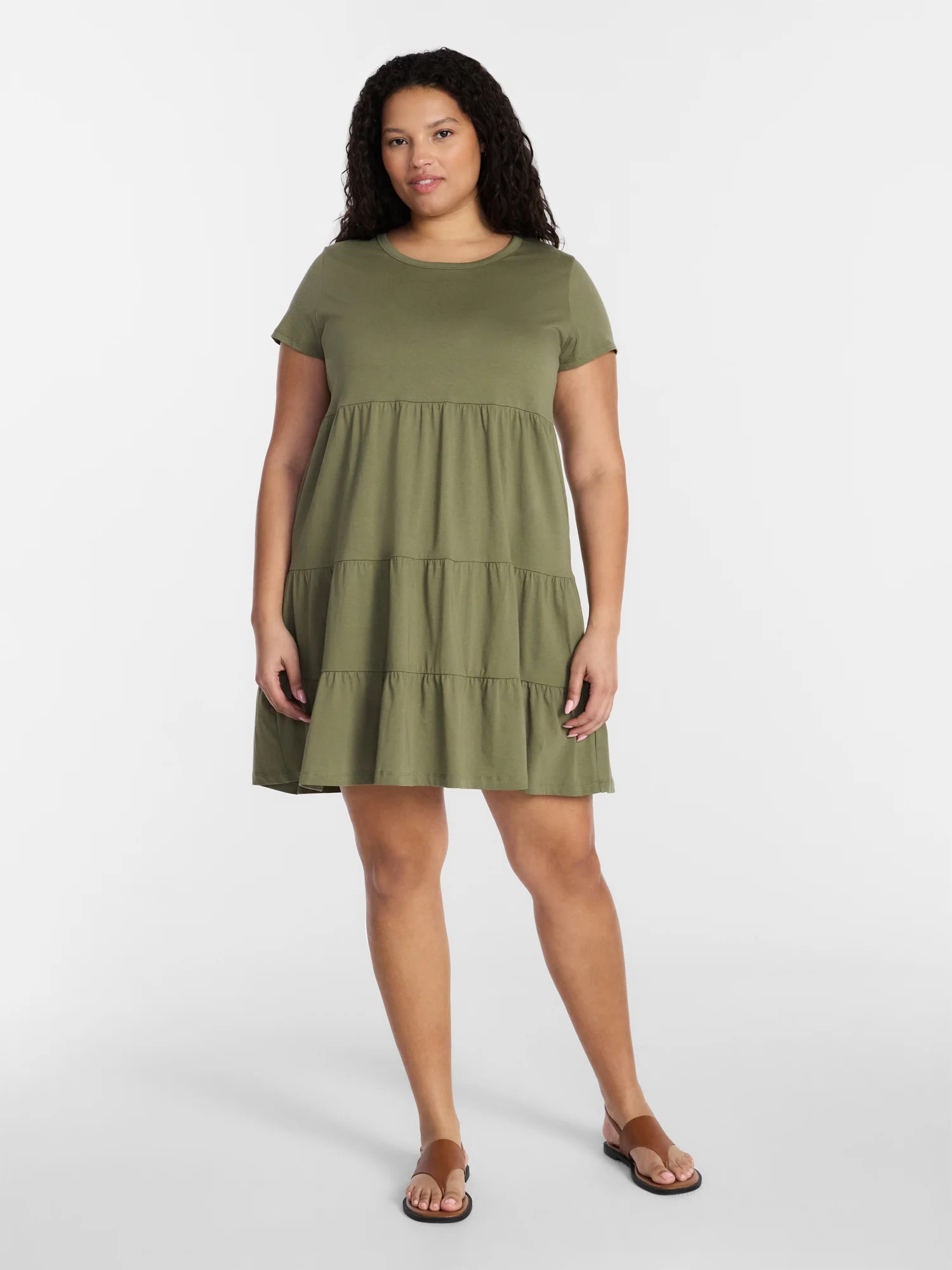 Time and Tru Women's Tiered Cotton Mini Dress with Short Sleeves, Sizes XS-XXXL | Walmart (US)
