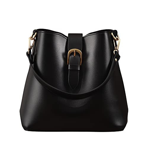 Town Bucket Vegan Leather Bag For Women (Black) Hobo Retro Faux Casual Purse Classic Vintage Simple Shoulder Handbag | Amazon (US)