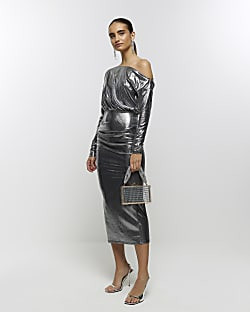 Silver off shoulder bodycon midi dress | River Island (UK & IE)