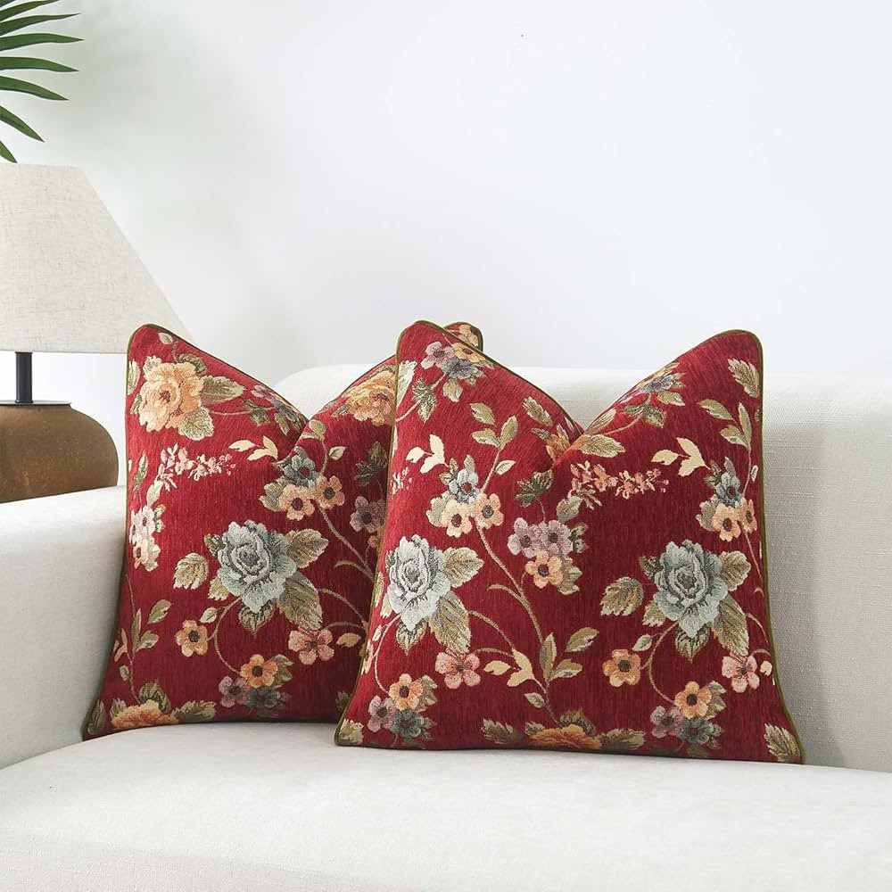 JUSPURBET Decorative Pillow Covers 20x20 Inch Chenille Vintage Floral Throw Cushion Covers with C... | Amazon (US)