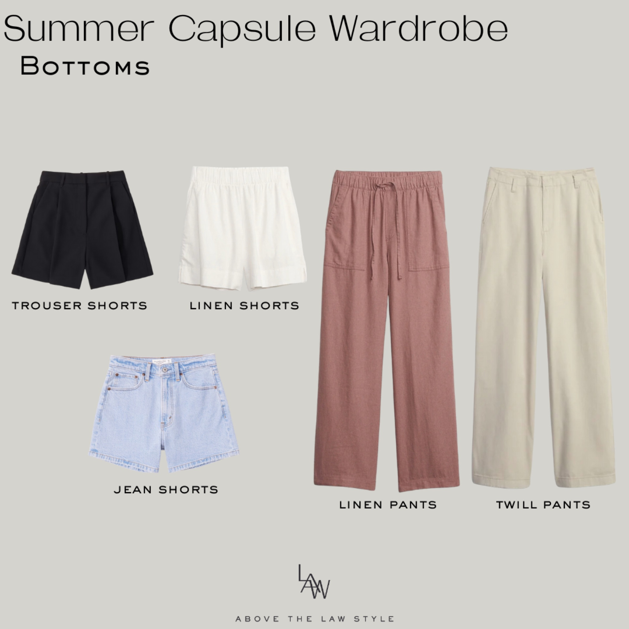 Summer Capsule Wardrobe: Bottoms
•
jean shorts, trouser shorts, linen shorts, linen pants, twill pants 

#LTKunder100 #LTKSeasonal #LTKstyletip