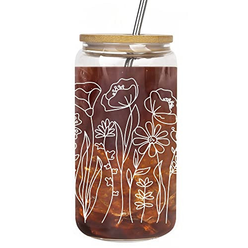 Lvoetgif Cute Glass Cups with Lids and Straws, Aesthetic Christmas Iced Coffee Cup, Flower Mugs, Floral Tumbler with Straw, Birthday Gifts for Women Friend Sister Her Coffee Lover Bridesmaid Stuff | Amazon (US)