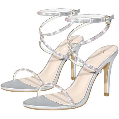 BLISSFUL STEP Women's Rhinestones Open Toe Stiletto Heel Heeled Sandals Silver 9.5 | Target