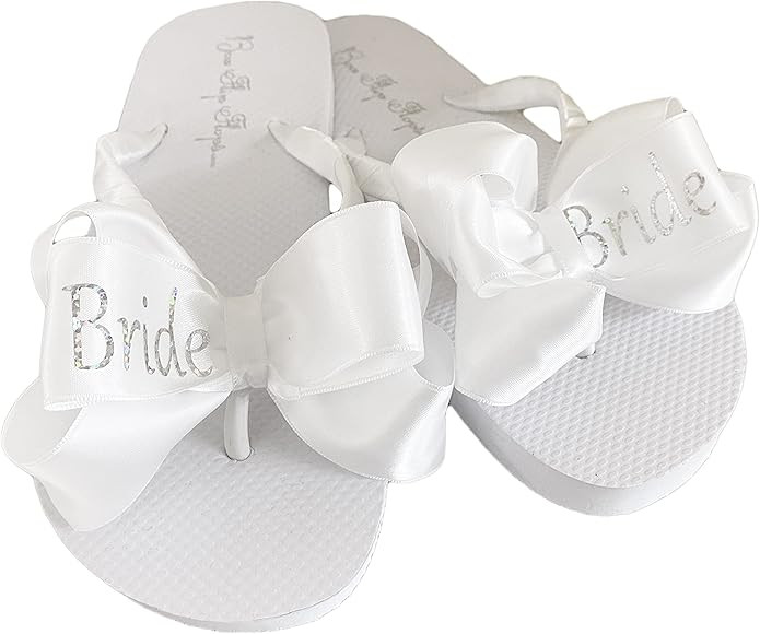Silver Glitter Bride Bows on White Flat Wedding Flip Flops | Amazon (US)