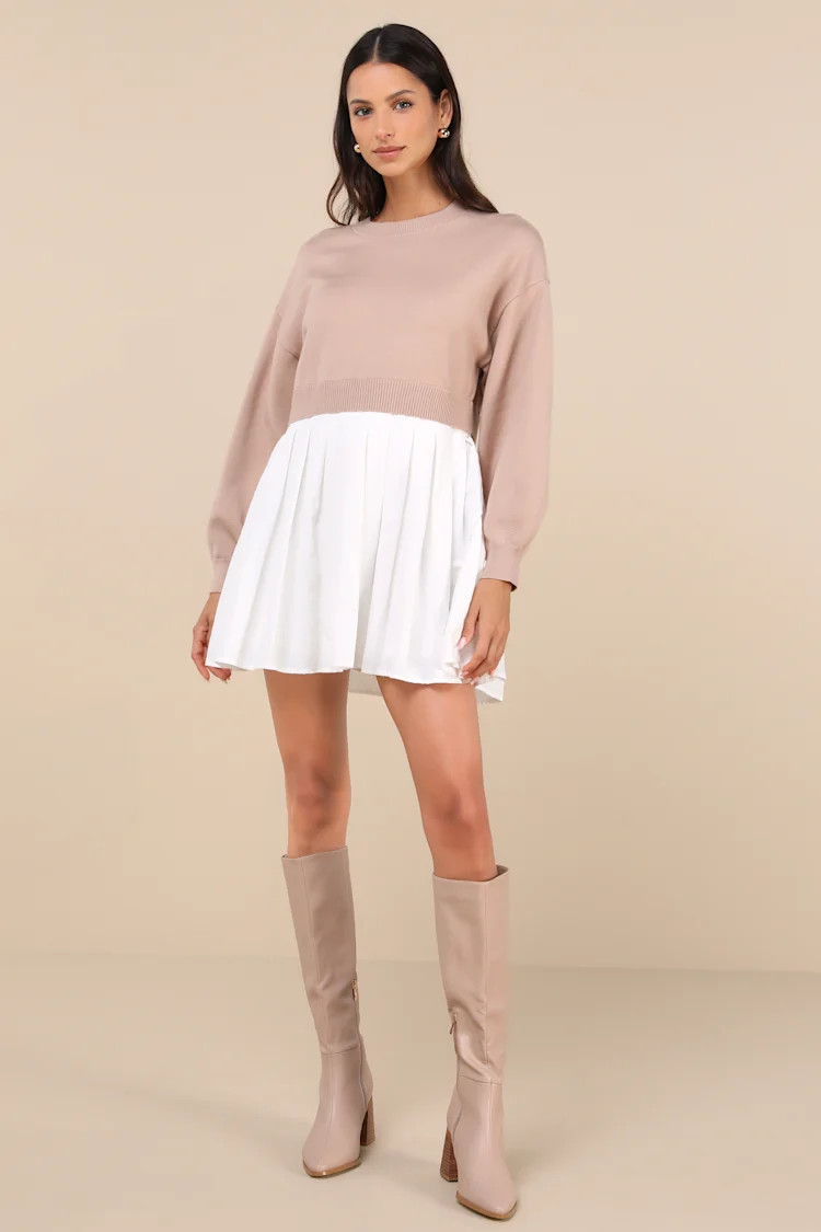 Contemporary Comfort Beige Layered Pleated Sweater Mini Dress | Lulus