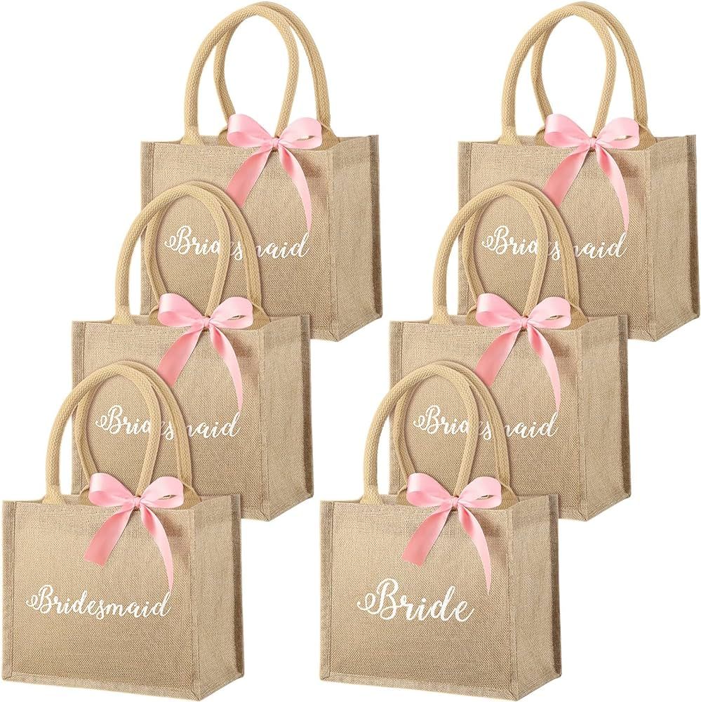 6 Pack Bridesmaid Tote Bags Bridesmaid Gift Bags Jute Burlap Tote Bags with Handles Bride Bags Pi... | Amazon (US)