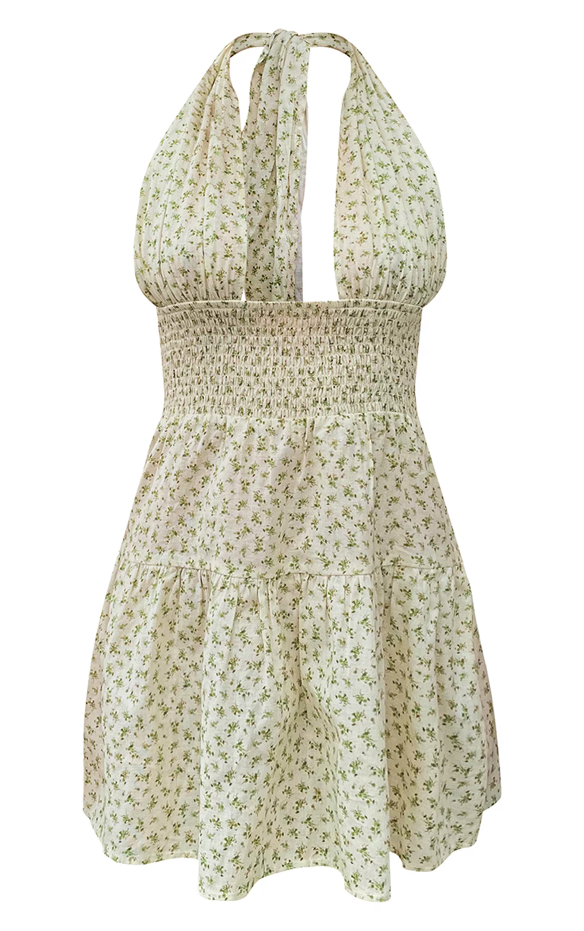 Sage Green Ditsy Floral Shirred Cross Shift Dress | PrettyLittleThing US