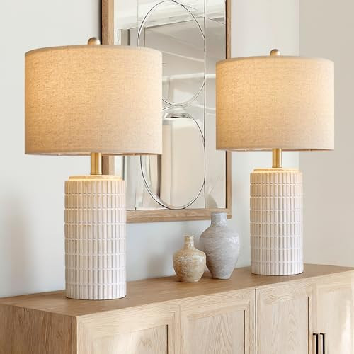 PoKat 24" Modern Ceramic Table Lamps Set of 2 for Bedroom, White Bedside Lamps for Night Stands, Farmhouse Desk Decor Nightstand Table Lamps for Living Room End Table Beige | Amazon (US)