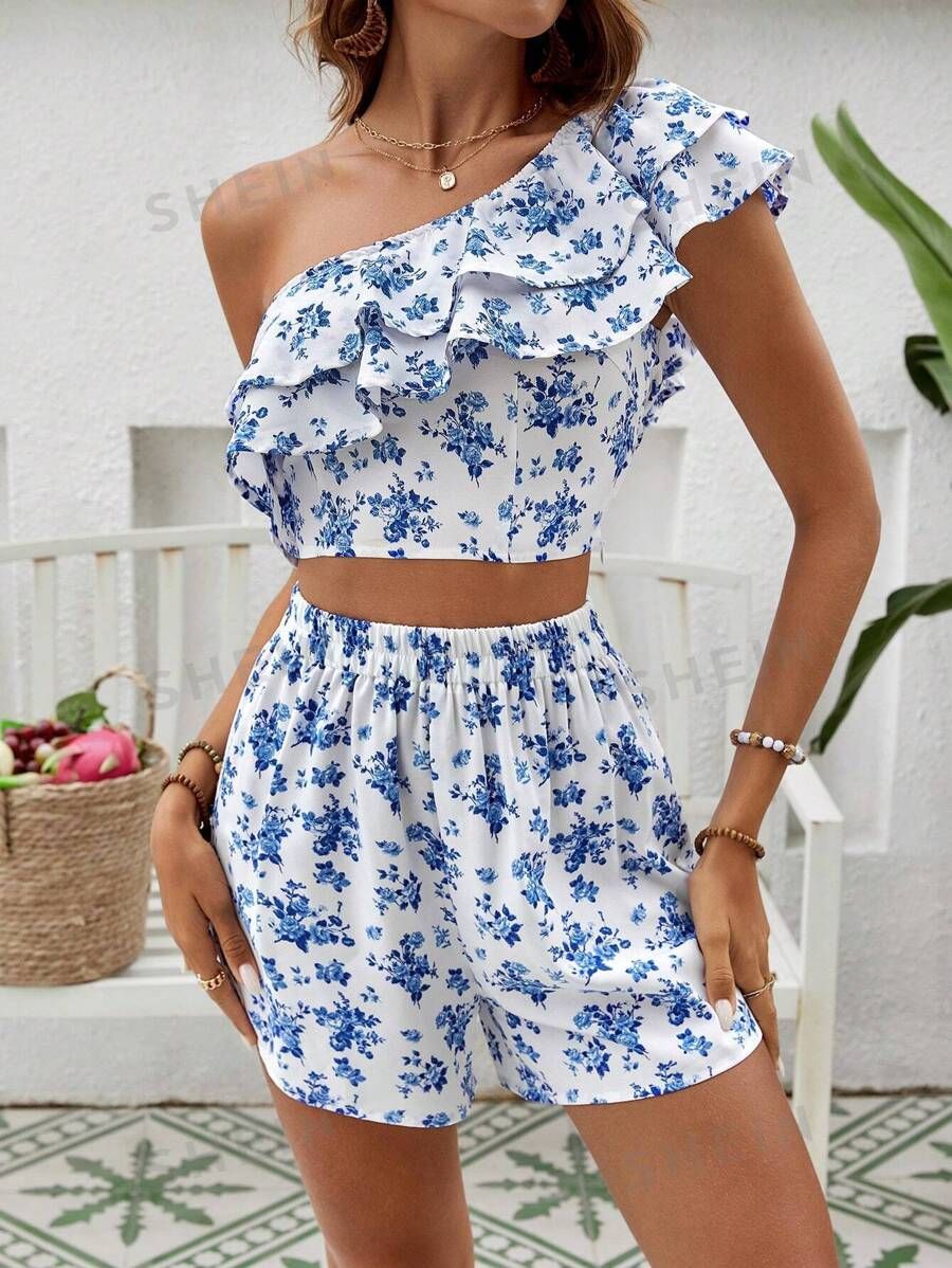 SHEIN VCAY Beach Women Outfits Small Floral Print Casual Summer Two Piece Outfits | SHEIN