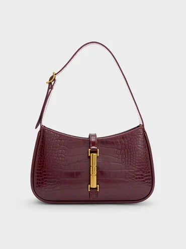 Burgundy Cesia Croc-Effect Metallic-Accent Shoulder Bag | CHARLES & KEITH | Charles & Keith US