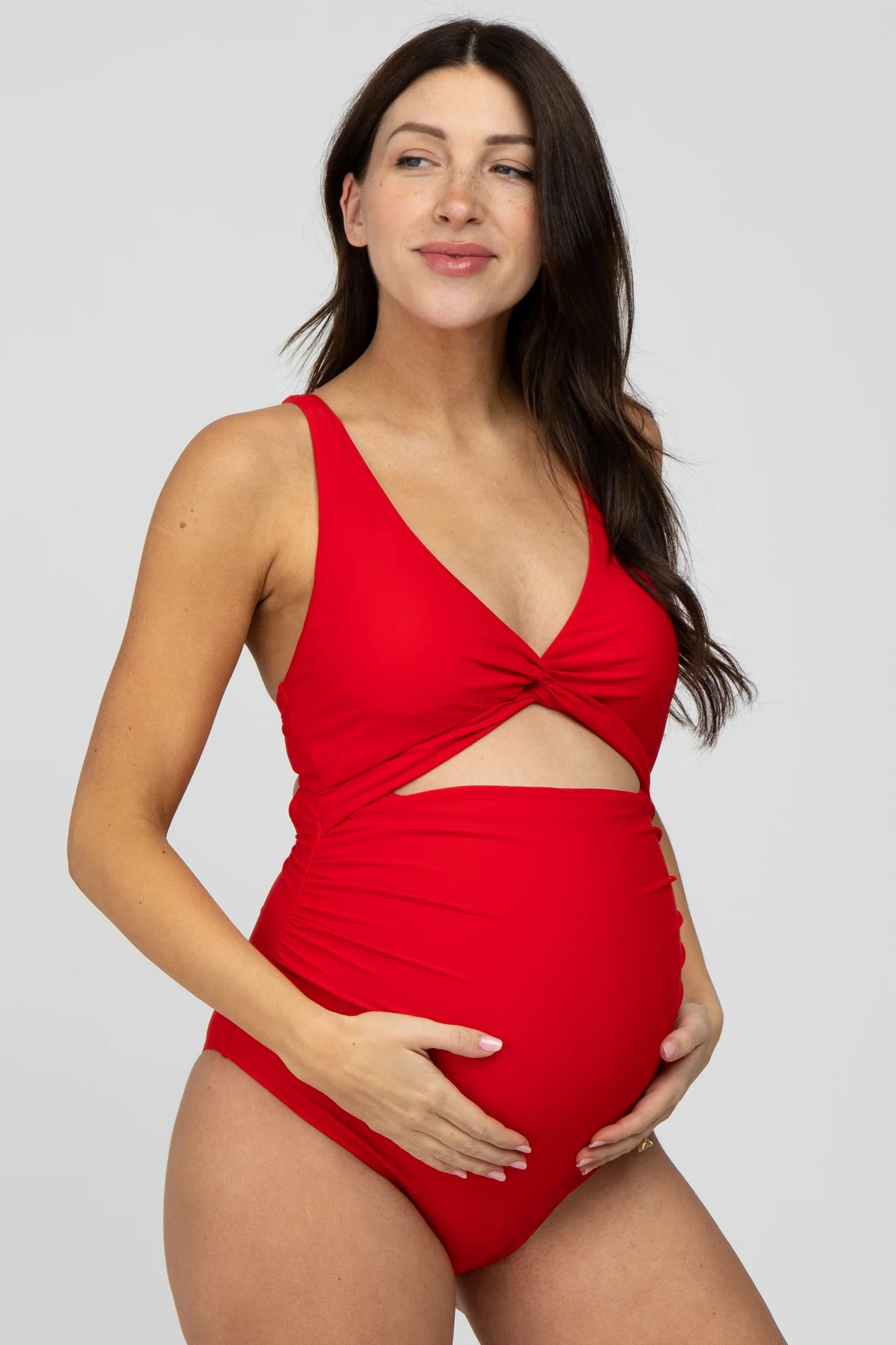 Red Ruched Sides Front Cutout Maternity One Piece Swimsuit | PinkBlush Maternity
