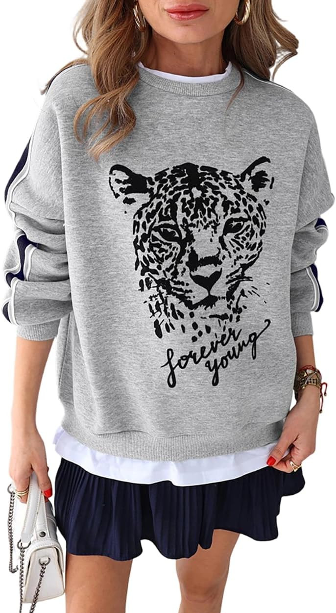CHICME Women's Leopard Graphic Sweatshirt Crewneck Stripe Pullover Tops | Amazon (US)