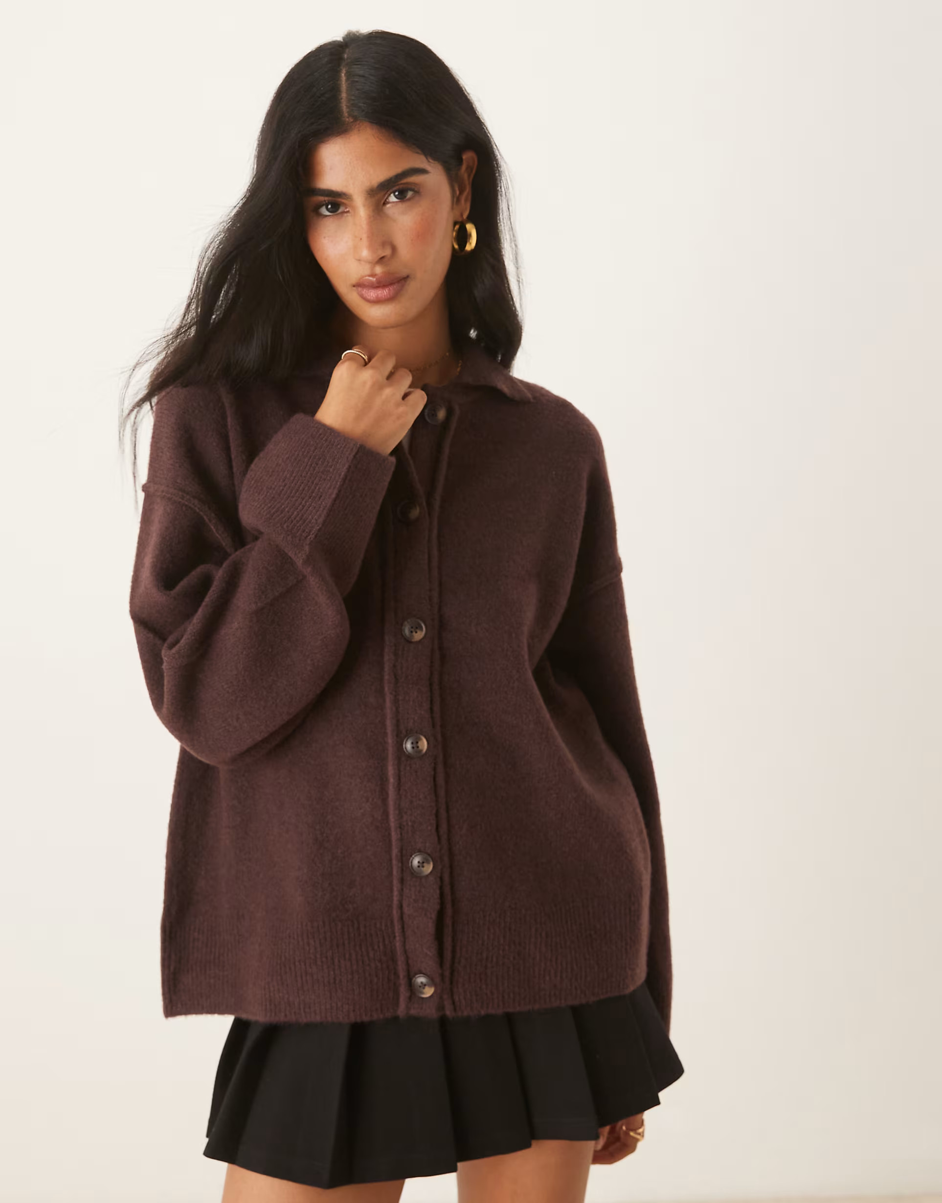 ASOS DESIGN knit collar shirt cardigan with seam detailing in plum | ASOS (Global)