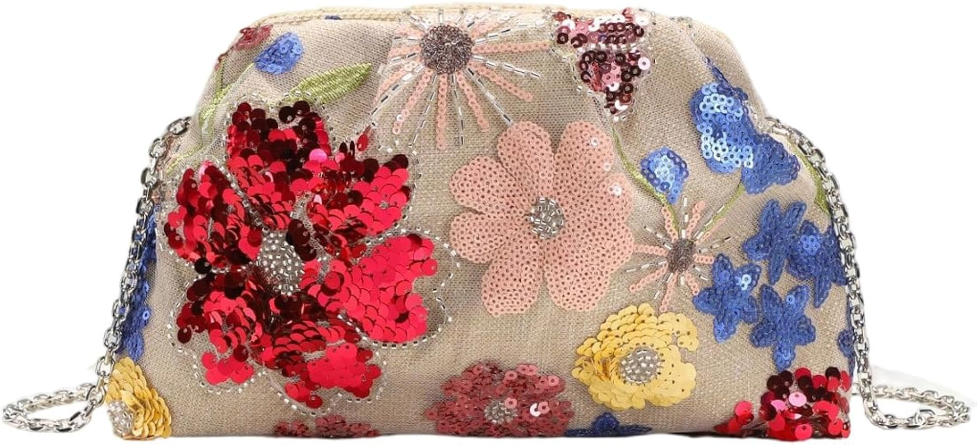 Verdusa Women's Floral Sequin Beaded Clutch Purses Ruched Magnet Handbags with Chain Strap | Amazon (US)