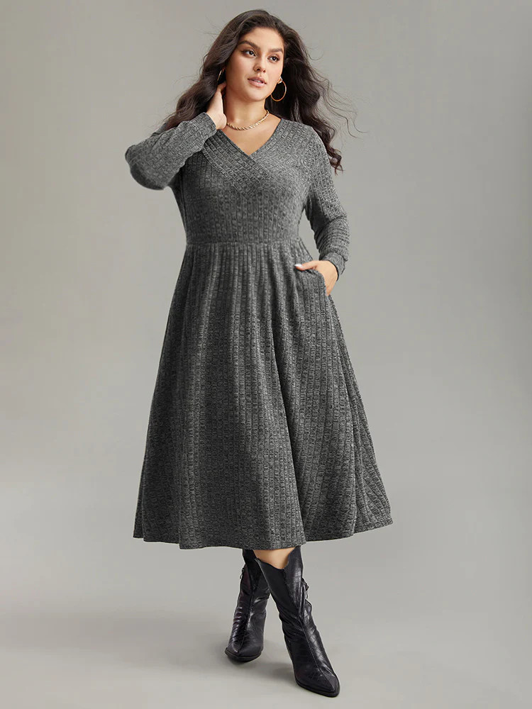 Rib Knit Plain Plisse Long Sleeve Dress | Bloomchic