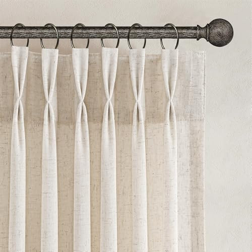 Joywell Pinch Pleat Linen Curtains 90 Inches Long Cream Beige Semi Sheer Curtains for Living Room Long Pleated Drapes Custom Light Filtering Flax Thick Linen Textured Drapes 90 Inch Length 2 Panels | Amazon (US)