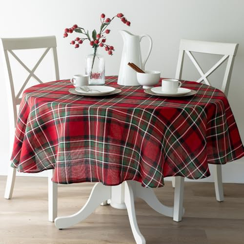 Benson Mills Holiday Plaid Yarn Dyed Fabric Table Cloth, Holiday, Winter, and Christmas Tablecloth (70" Round, Red) | Amazon (US)