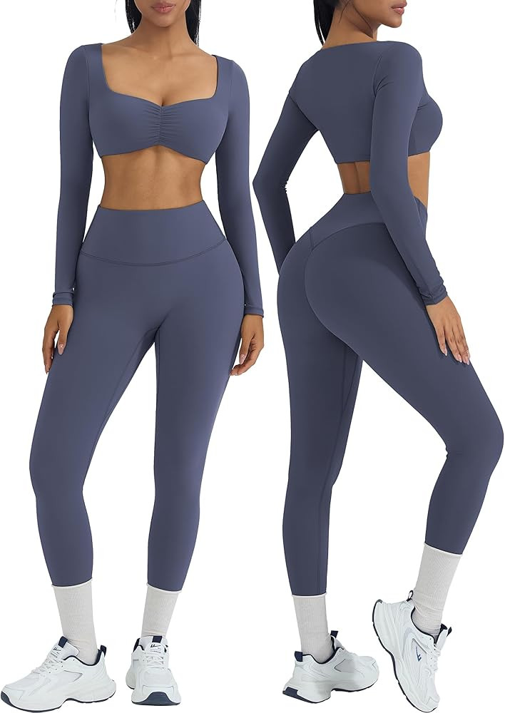 OMKAGI 2 Piece Workout Sets for Women Long Sleeve Padded Sports Bra High Waisted Gym Outfits with... | Amazon (US)