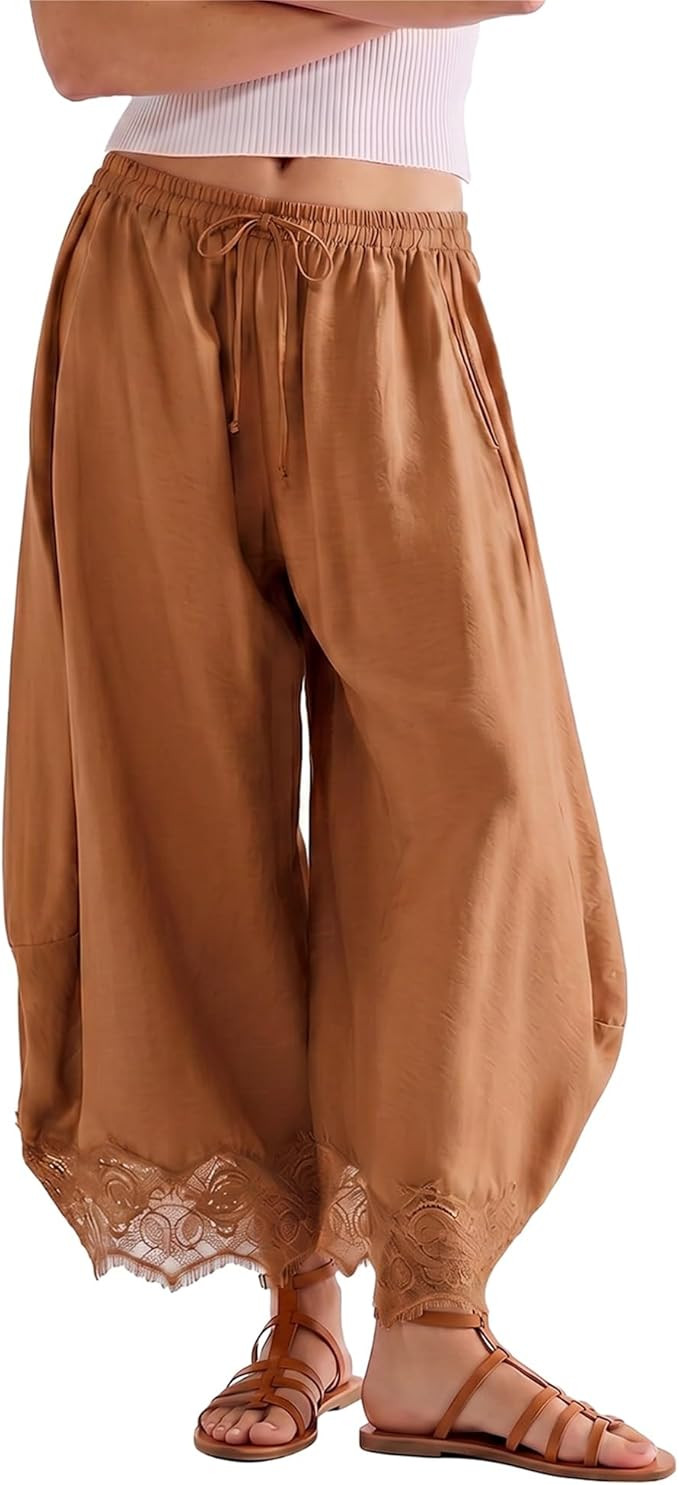 SeeLuNa Comfy Women's Pants Cropped Lace Hem Pants Summer Boho Drawstring High Rise Wide Leg Loun... | Amazon (US)