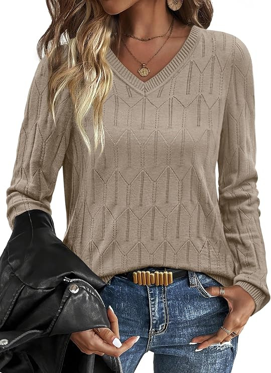 OFEEFAN Womens Sweaters Long Sleeve Shirts Fall Outfits 2026 V Neck Soft Knit Pullover Trendy Top... | Amazon (US)