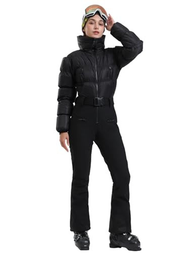 GSOU SNOW Womens Ski Suits Down One Piece Snowsuit Waterproof Snowboard Jumpsuits Winter Ski Outfit Black XS | Amazon (US)
