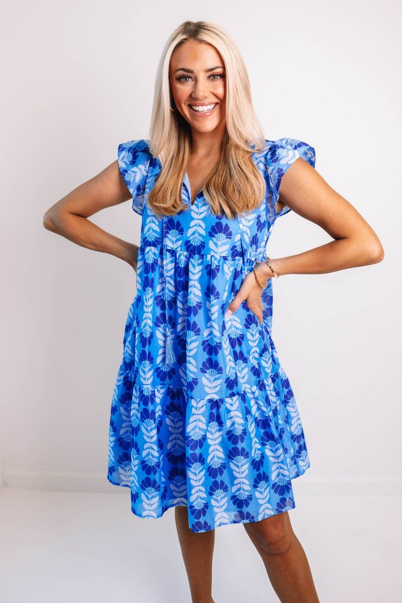 The Luna Ruffle Sleeve Dress - Blue | The Impeccable Pig