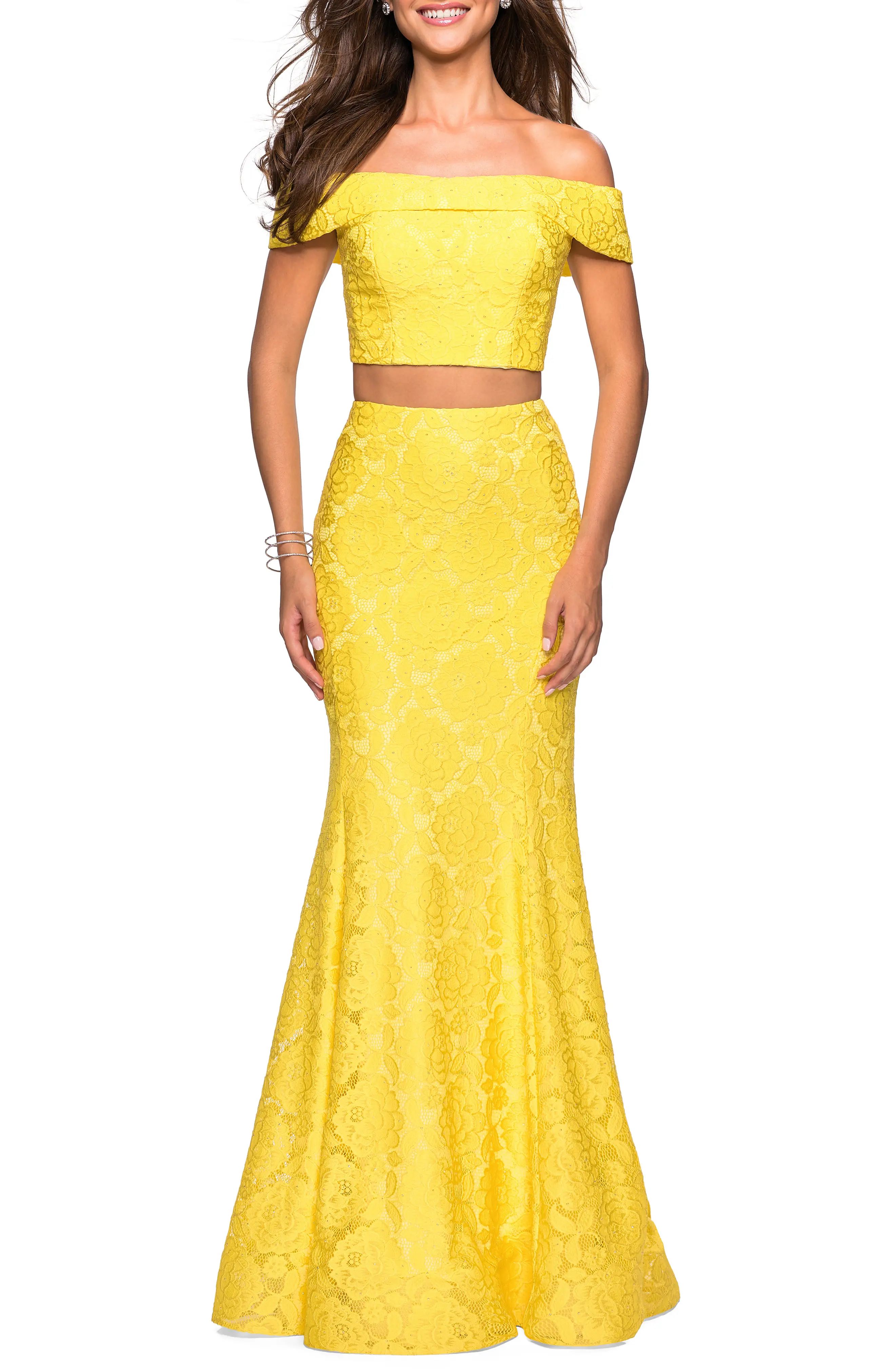 La Femme Stretch Lace Two-Piece Trumpet Gown in Yellow at Nordstrom, Size 6 | Nordstrom