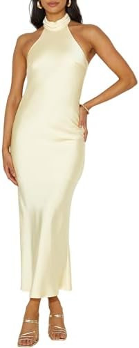 Phicia Sexy Satin Halter Neck Backless Maxi Dress for Women Elegant Tie Cowl Back Formal Wedding ... | Amazon (US)