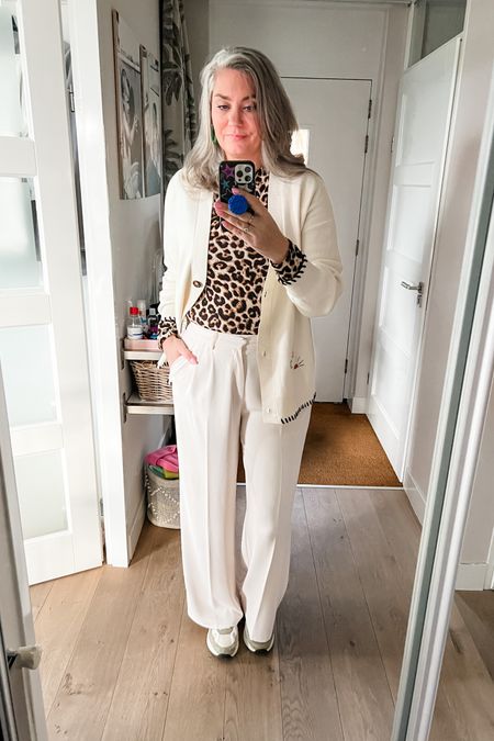 Ootd - Monday. Leopard print long sleeve top (old), cardigan from Never Fully Dressed (secondhand) and beige wide leg dress pants (Guts & Gusto, L), sneakers (old). 

#LTKeurope #LTKworkwear #LTKmidsize