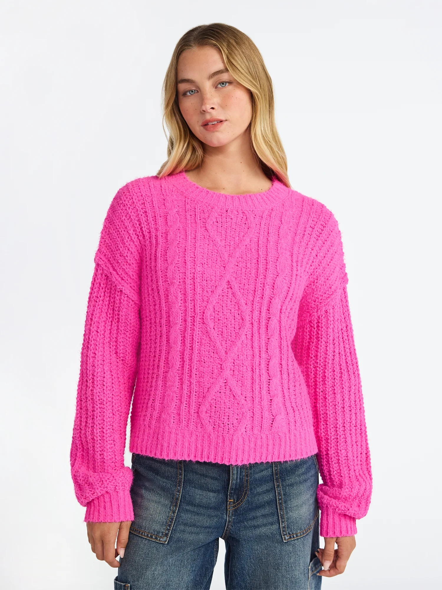 No Boundaries Cable Knit Sweater, Midweight, Women's | Walmart (US)