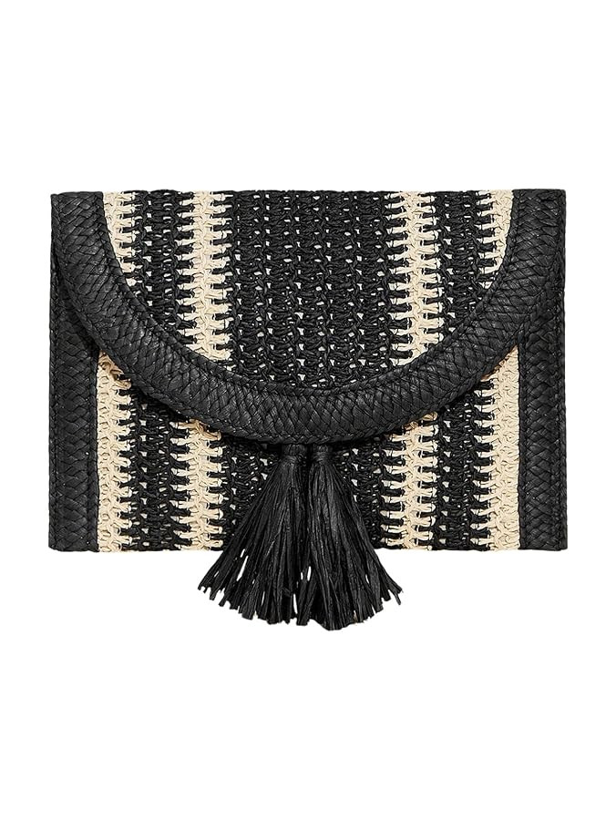 OYOANGLE Women's Color Block Woven Clutch Bag Straw Fringe Flap Small Striped Boho Purse Handbags | Amazon (US)