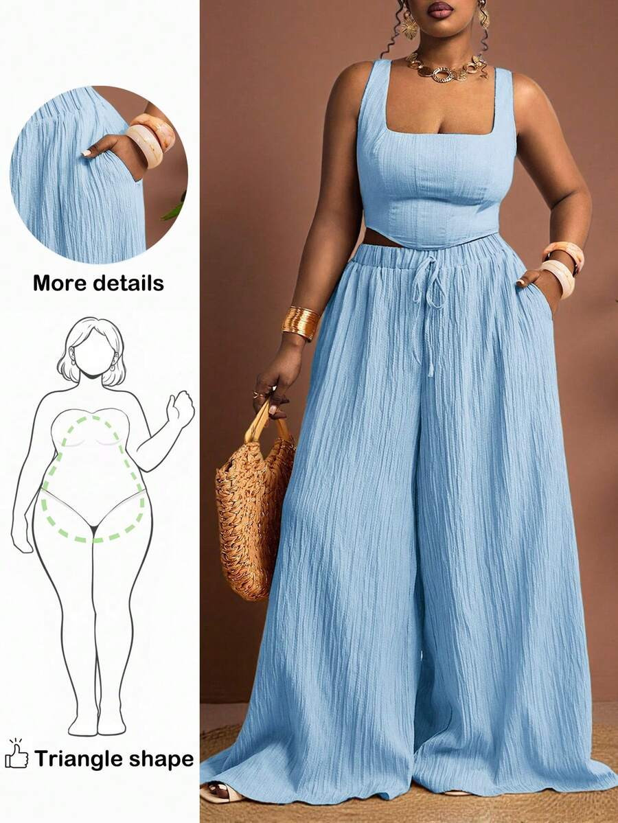 Truni 2pcs Plus Size Women's Spring/Summer Casual Vacation Fishbone Wide Strap Top And Wide Leg P... | SHEIN