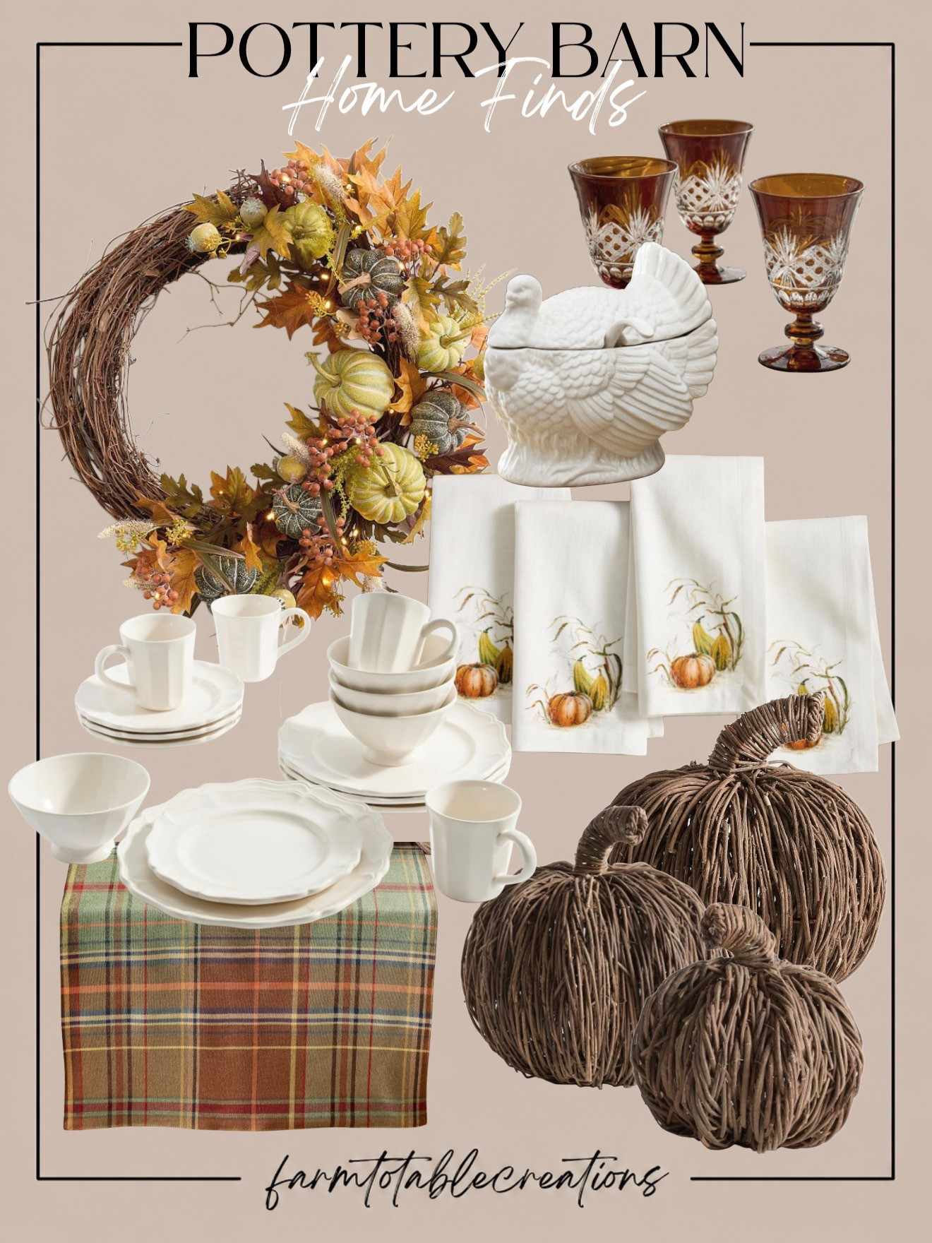 Pottery Barn Thanksgiving Entertaining Finds 🦃🍂

Thanksgiving hosting, but make it warm, timeless, and collected. These Pottery Barn finds mix classic ivory dinnerware with embroidered pumpkin linens, rich amber glassware, natural woven pumpkins, and a gorgeous autumn wreath for a table that feels festive without being overdone.

Follow @farmtotablecreations on Instagram for more cozy home finds and trending decor.

The plaid runner adds just enough traditional fall color, while the natural textures and creamy serveware keep everything elevated and easy to mix with pieces you already own. Perfect for Thanksgiving dinner, Friendsgiving, or cozy fall entertaining.

#LTKHome #PotteryBarn #PotteryBarnStyle #ThanksgivingDecor #ThanksgivingTable #ThanksgivingHosting #FallTablescape #FallDecor #FallEntertaining #AutumnHome #CozyHome #TableSetting #HolidayHosting #HomeDecor

#LTKHome #LTKSeasonal