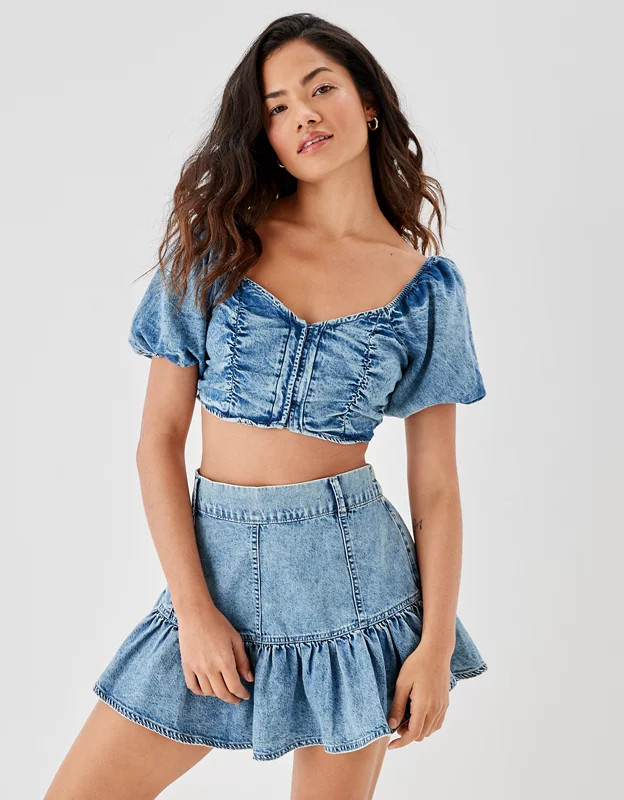 AE Denim Ruffle Mini Skirt | American Eagle Outfitters (US & CA)