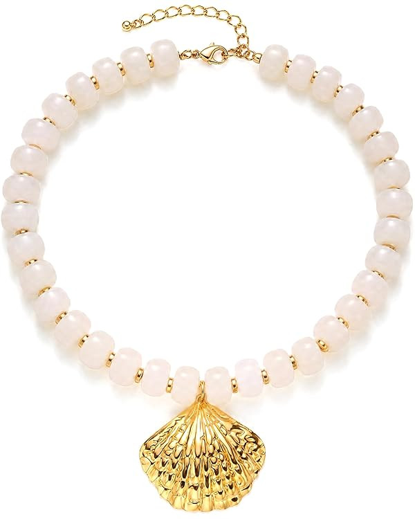 Amazon.com: GLUBU Chunky Beaded Shell Necklace for Women White Boho Summer Chain Choker Necklace ... | Amazon (US)