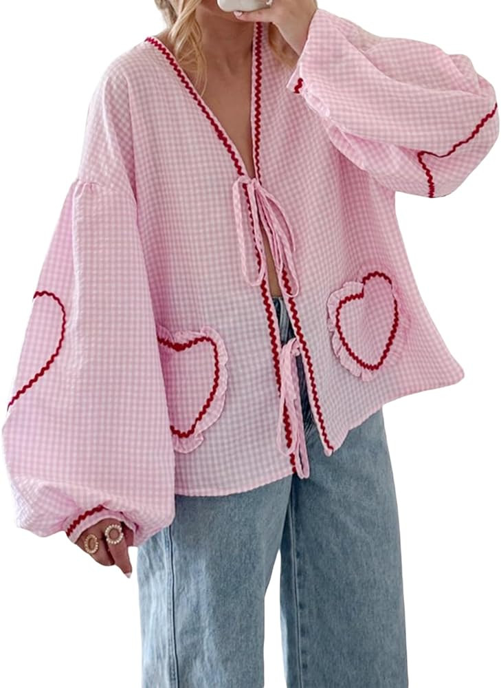 Giraropa Women Plaid Tie Front Top Cute Trim Patchwork Shirt Summer Y2k Puff Long Sleeve V Neck L... | Amazon (US)
