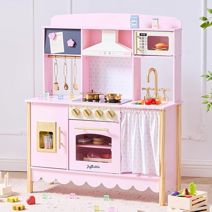 Wooden Play Kitchen for Toddlers, Modern Kids Kitchen Playset with Realistic Lights & Sounds, Toy... | Amazon (US)
