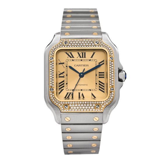 Stainless Steel 18K Yellow Gold Diamond Pave Bezel 35mm Santos de Cartier Automatic Watch | FASHIONPHILE (US)