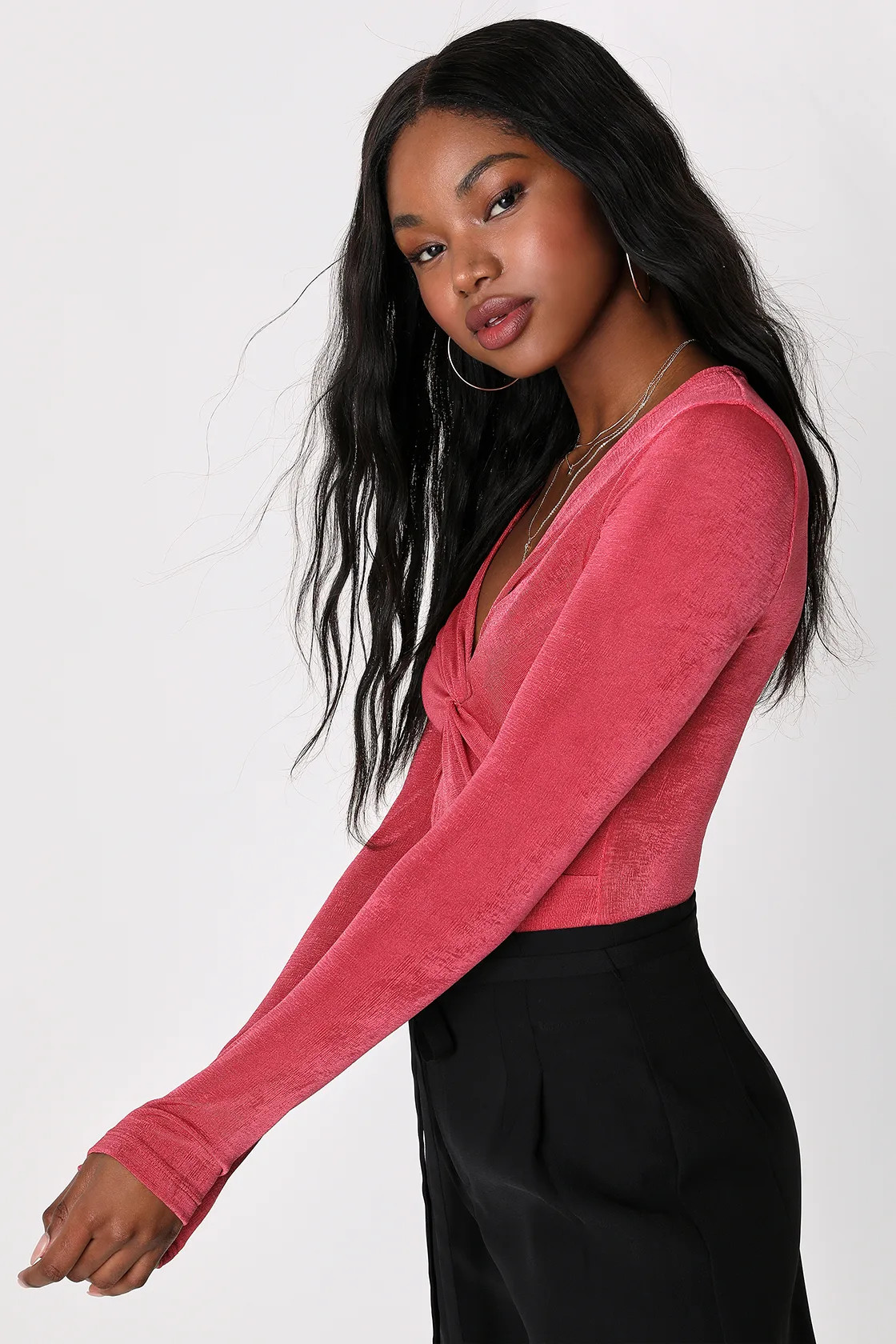 Elevated Ensemble Rose Pink Twist-Front Long Sleeve Bodysuit | Lulus (US)