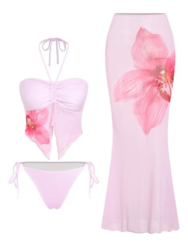 ZAFUL Women 3 Piece Bikini with Cover Up Skirt Halter Bandeau Swimsuit Floral Tie Side Cheeky Bathing Suit 0-Pink S | Amazon (US)