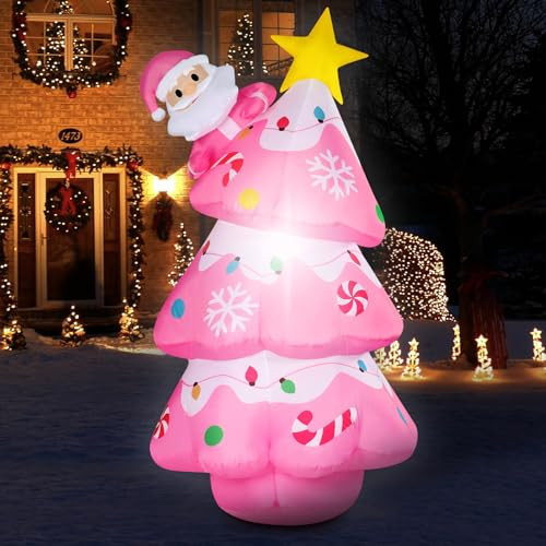 Kitticcino 5.6FT Christmas Tree Inflatable Outdoor Decorations Blow Up Pink Christmas Tree with Santa Star Colorful Candy Built-in LED Lights Xmas Yard Garden Lawn Outdoor Indoor Holiday Party Decor | Amazon (US)