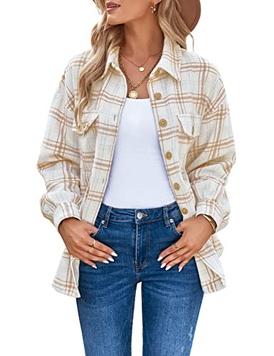 GRAPENT Women Shacket Jacket Women Flannel Plus Size Fleece Jackets for Women Plus Size Flannel Shirt Womens Tops and Blouses Long Sleeve Color Almond Cream Plaid Size XX-Large Size 20 Size 22 | Amazon (US)