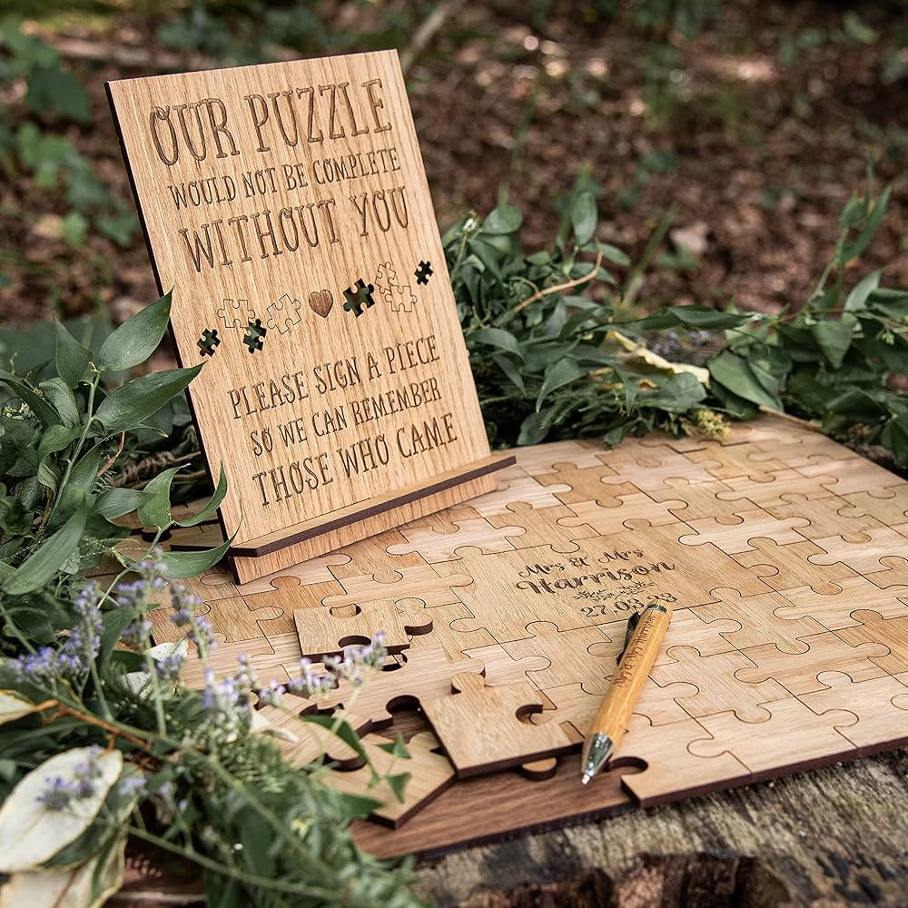 Wedding guest book alternative jigsaw puzzle personalized guestbook | laser engraved wooden piece... | Amazon (US)